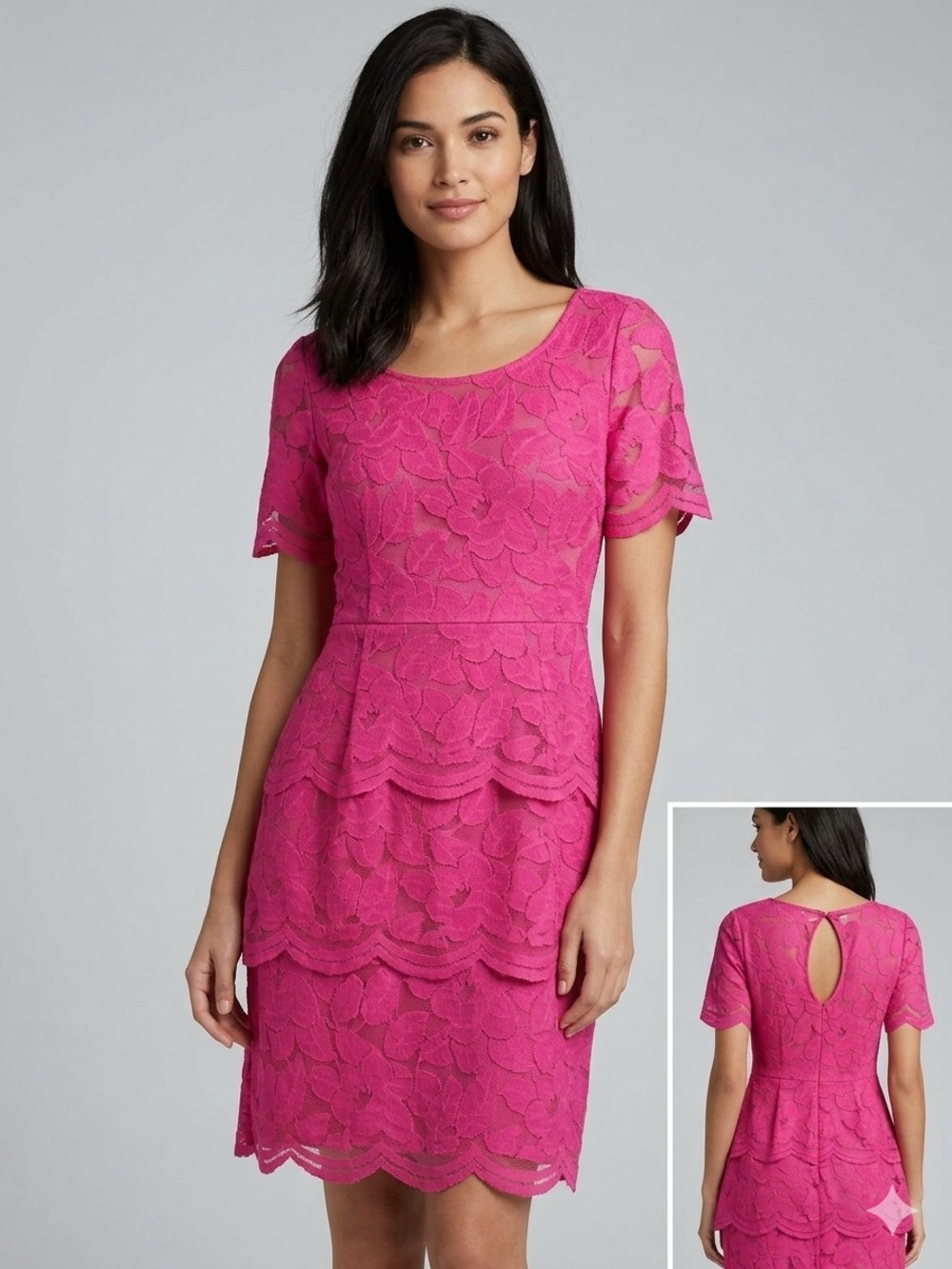 Maggy London Fuchsia Lace Tiered Scallop Hem Mini Dress